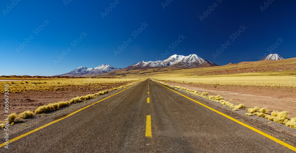 Atacama straight road against snow covered volcanoes