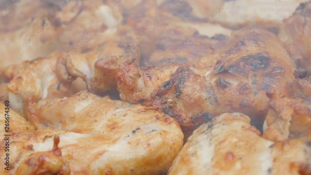 delicious chicken wings in the smoke from the fire, meat grill on picnic delicious chicken wings in the smoke from the fire, meat grill on picnic