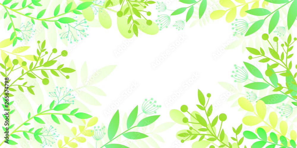 Colorful invitation card with bright green plants. Template frame in flat style,isolated white background. Vector background with space for text - plants, for banner, greeting card, poster.