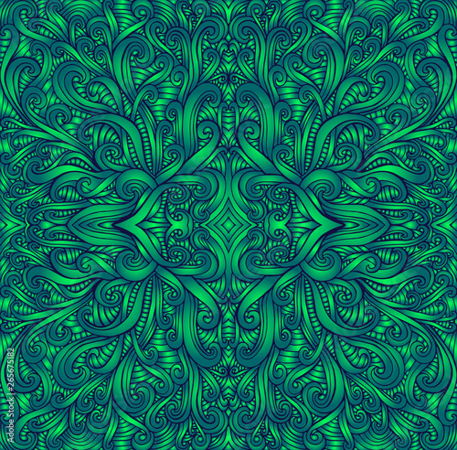Shamanic fractal mandala texture. Ethno style. Ggradient green colors. Decorative tribal element flower pattern. Vector fantasy surreal illustration.