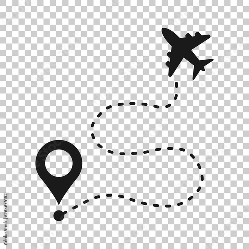 Airplane flight route icon in transparent style. Travel line path vector illustration on isolated background. Dash line trace business concept.