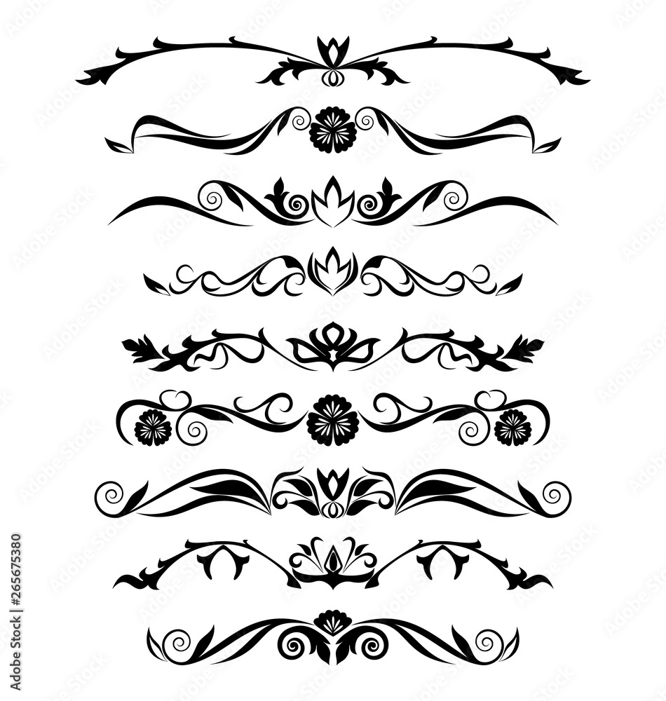 Deco borders.Black and white classical pattern.  Vector set of 9.