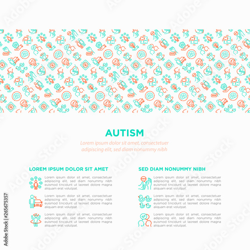 Autism concept, symptoms and adaptive skills thin line icons: repetitive behavior, stereotypy, ignoring of danger, autoaggression, hysterics, communication, social interaction. Vector illustration.