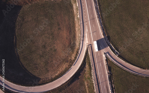 Aerial of highway city intersection junction summer Top View
