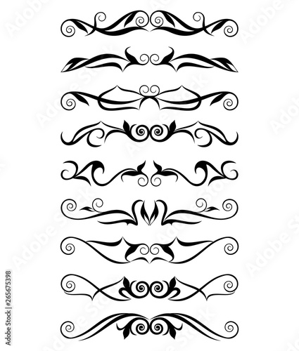 Deco borders. Black and white design of the text -  boarders, dividers.  Vector set of 9.