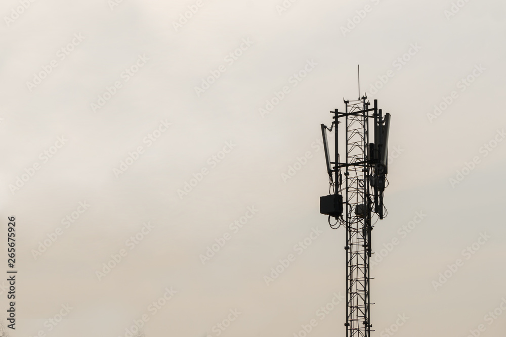 Telecommunication pole against blue gray sky with space for text, Communication pole distribute signal to rural area