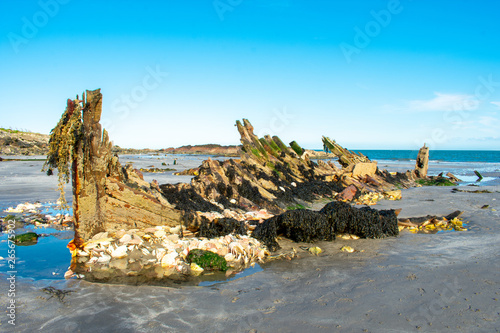 Old wreck of wooden boat on beach against sea and clear blue sky. Coast of Irish Sea in Northern Ireland