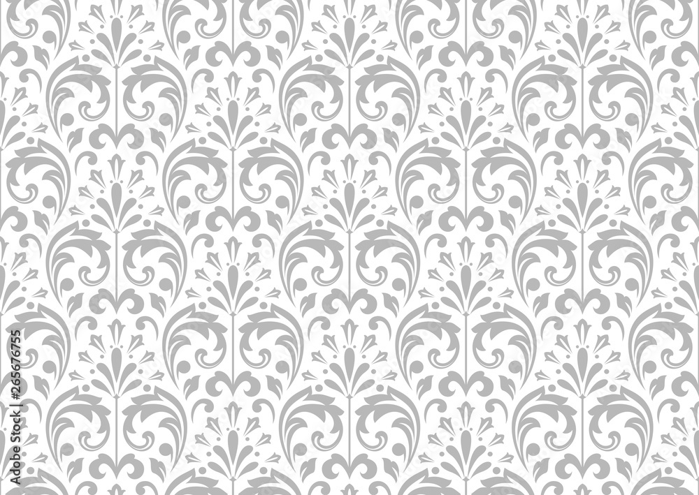 Wallpaper in the style of Baroque. Seamless vector background. White and grey floral ornament. Graphic pattern for fabric, wallpaper, packaging. Ornate Damask flower ornament.