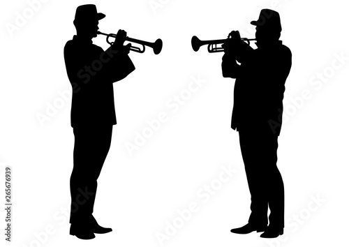 Military musicians in old-time uniforms with wind instruments on a white background