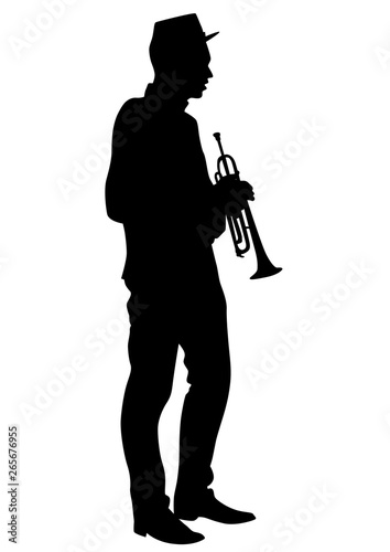 Military musicians in old-time uniforms with wind instruments on a white background