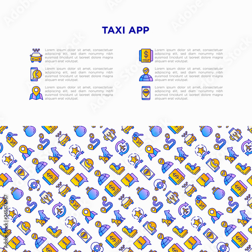 Taxi app concept with thin line icons: payment method, promocode, app settings, info, support service, pointer, route, destination, airport transfer, baby seat. Vector illustration for print media.