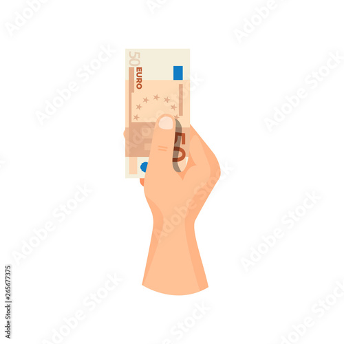Hand give / take paper money banknote 50 euro, vector business illustration
