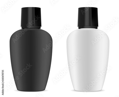Shampoo Bottle. Cosmetic Package Mockup. Plastic Product Container Blank. 3d Oval Packaging in Milk White and Black. Sun Screen Protection Pack. Shower Gel or Soap Realistic Design.