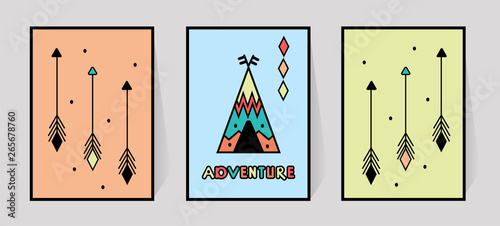 Adventure Inscription and three arrows for print typography. Kids room wall decor of wigwam or tipi in scandinavian style. Vector illustration on blue, green, orange backdrop. Geometric ornament