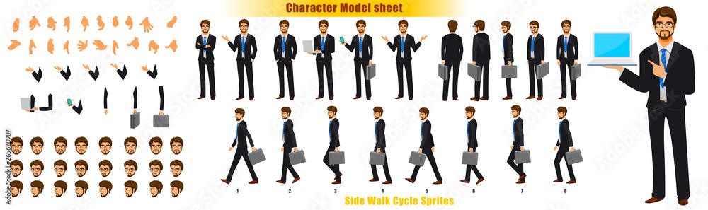 Businessman Character Model sheet with Walk cycle Animation Sequence Businessman Character Model sheet with Walk cycle Animation Sequence