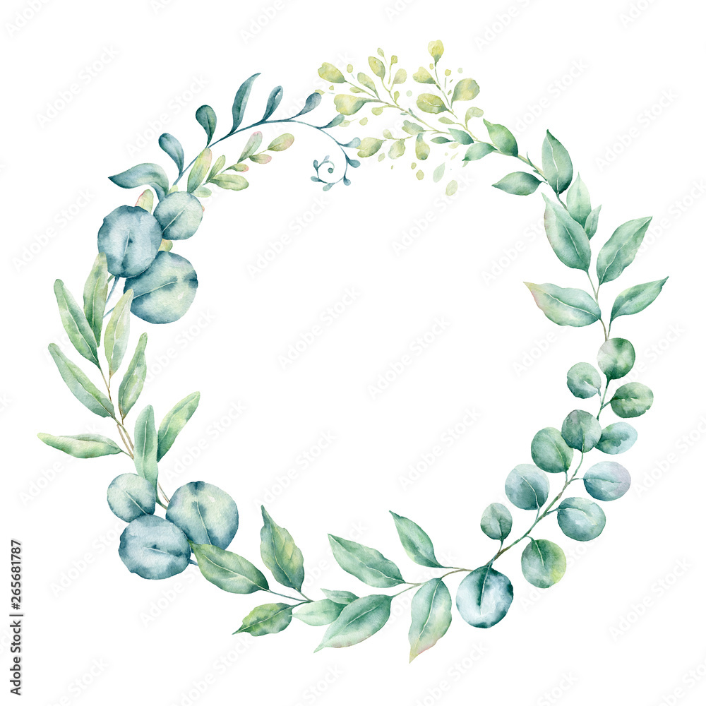 Watercolor hand painted frame with tropical green leaves and flowers ...
