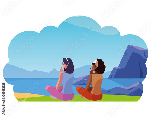 women couple contemplating the horizon in the field scene