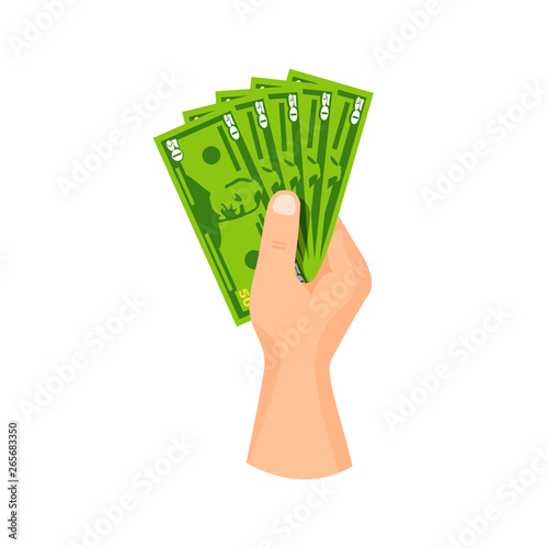 Hand give / take paper money banknote 50 dollars, vector business illustration