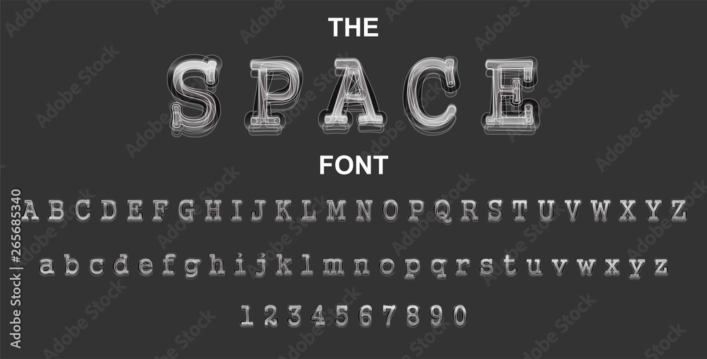 Space font and alphabet with numbers. Vector typography letter design.