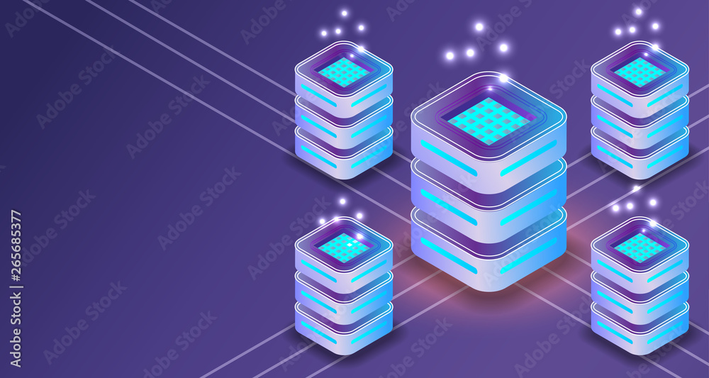 Server isometric 3D connection communication data. Networking service banner database vector illustration. Server isometric 3D connection communication data. Networking service banner database vector illustration.