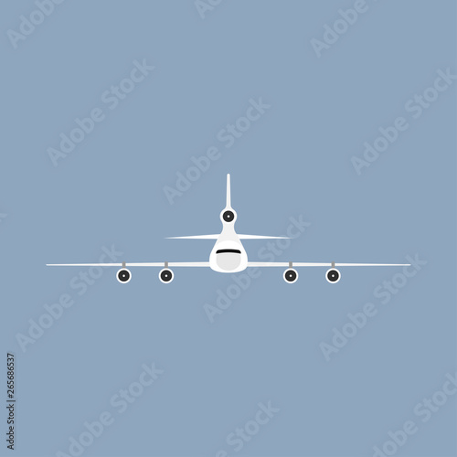 Airplane flight transportation travel vehicle front view. Flat vector commercial illustration