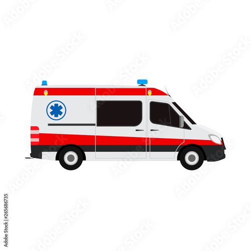 Ambulance van flat vector side view. Help emergency auto red transportation rescue