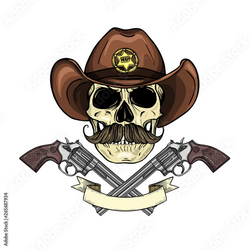 Hand drawn sketch, color skull with cowboy hat, sheriffs badge, neck scarf, revolver and mustaches