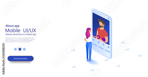Virtual relationships, online dating and social networking concept. The girl likes a young handsome guy. Teenagers get acquainted on the Internet. Vector illustration.  © ZinetroN