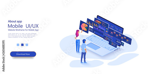 	 People work in a team and interact with graphs with isometric laptop.Online statistics and data Analytics.Digital money market, investment, finance and trading. Perfect for web design, vector 