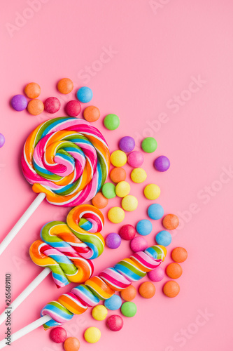 Various colorful lollipops and sweet bonbons.