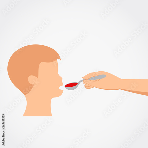 Mother giving to the child a liquid medicine poured into a spoon. Simple flat vector icon.