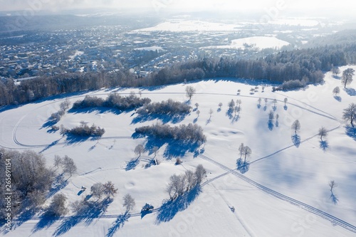 Winter landscape, cross-country skiing trails at the Bergkramerhof golf course near Wolfratshausen, drone shot, Upper Bavaria, Bavaria, Germany, Europe photo