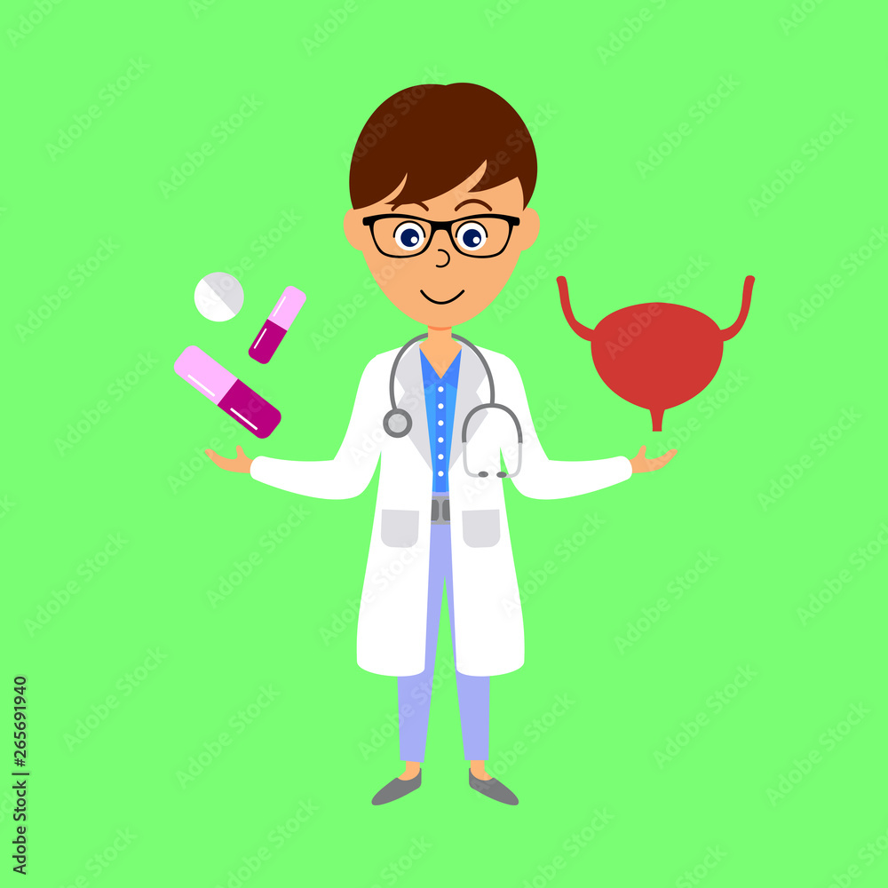 Cartoon doctor, urinary bladder and medicine. Healthcare concept. Flat vector illustration. Cartoon doctor, urinary bladder and medicine. Healthcare concept. Flat vector illustration.