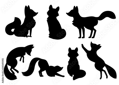 Black silhouette. Cute cartoon fox set. Funny red fox collection. Emotion little animal. Cartoon animal character design. Flat vector illustration isolated on white background