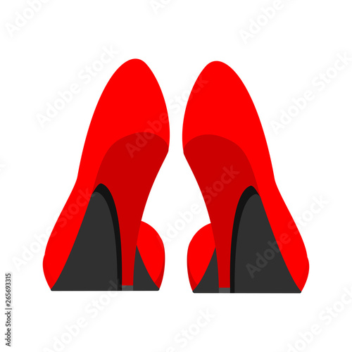 High heel red beautiful foot shoes wear. Feminine trendy fashion accessories flat back view. Love sexy long model vector icon