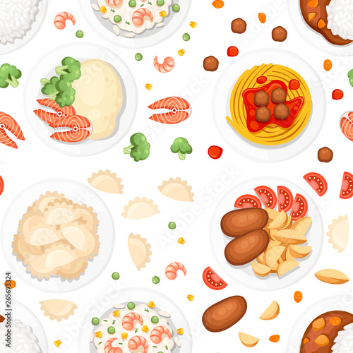 Fototapeta Naklejka Na Ścianę i Meble -  Seamless pattern. Different dishes on the plates. Traditional food from around the world. Icons for menu logos and labels. Flat vector illustration on white background