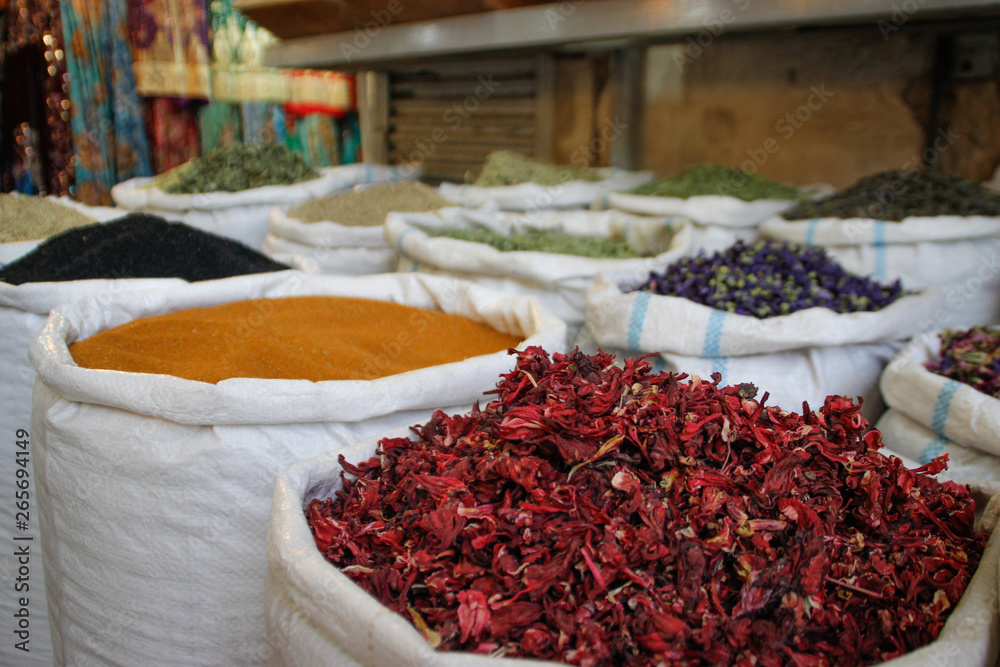 Bags of tea and spices (in the foreground karkade) in the Moroccan market