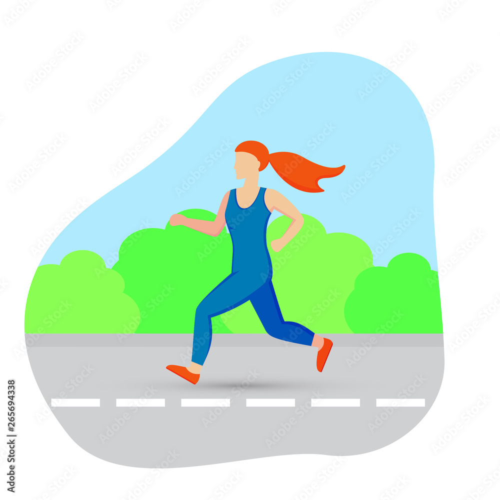 Woman runner outside jogging in park. Vector flat illustration.