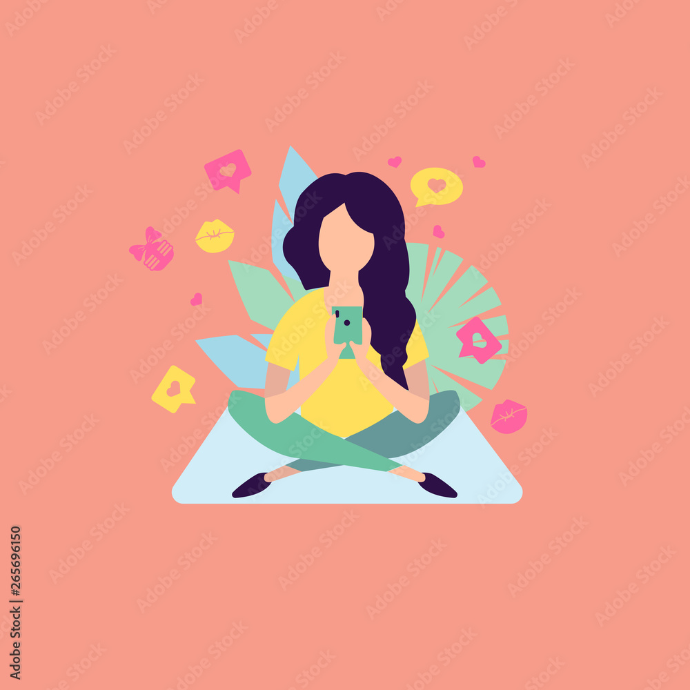 Young woman with dark hair sitting with crossed legs and holding your phone with two hands. Female character who sit on a rug and watching something on your smartphone or has a chat on social media.