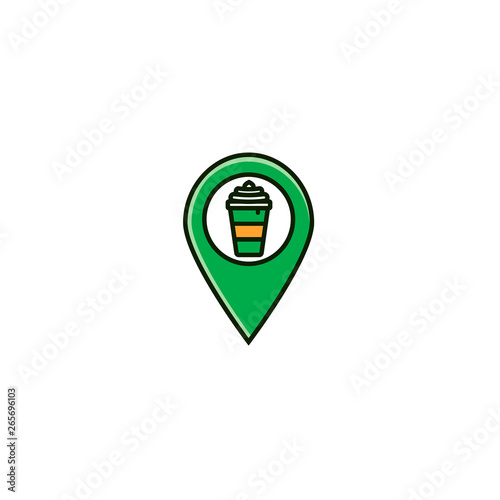 Coffee shop or point geotag icon in flat color line design. Hot drinks map pin or navigation mark in outline minimal design.