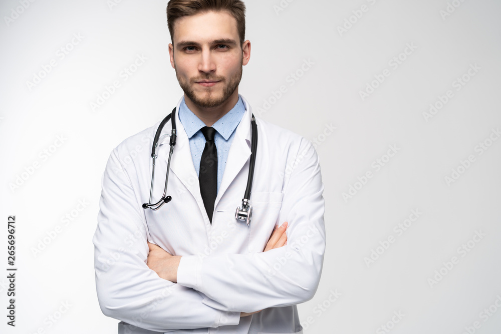 Smiling medical worker in white coat isolated on white. Smiling medical worker in white coat isolated on white.