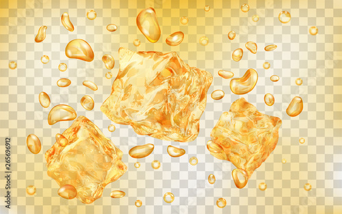 Three translucent yellow ice cubes and many air bubbles under water on transparent background. Transparency only in vector format