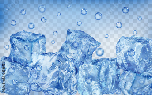 A lot of translucent blue ice cubes and air bubbles under water on transparent background. Transparency only in vector format