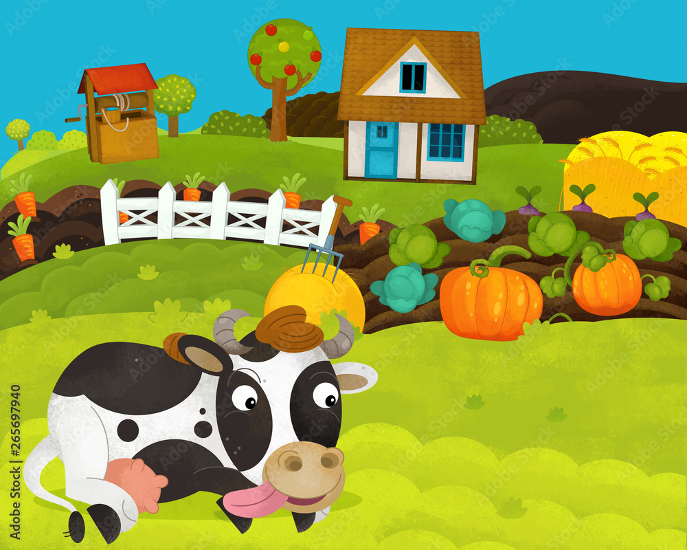Fototapeta premium cartoon happy and funny farm scene with happy cow - illustration for children