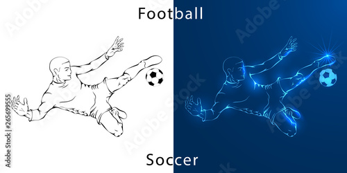 Line drawing. Illustration shows a football player kicks the ball.