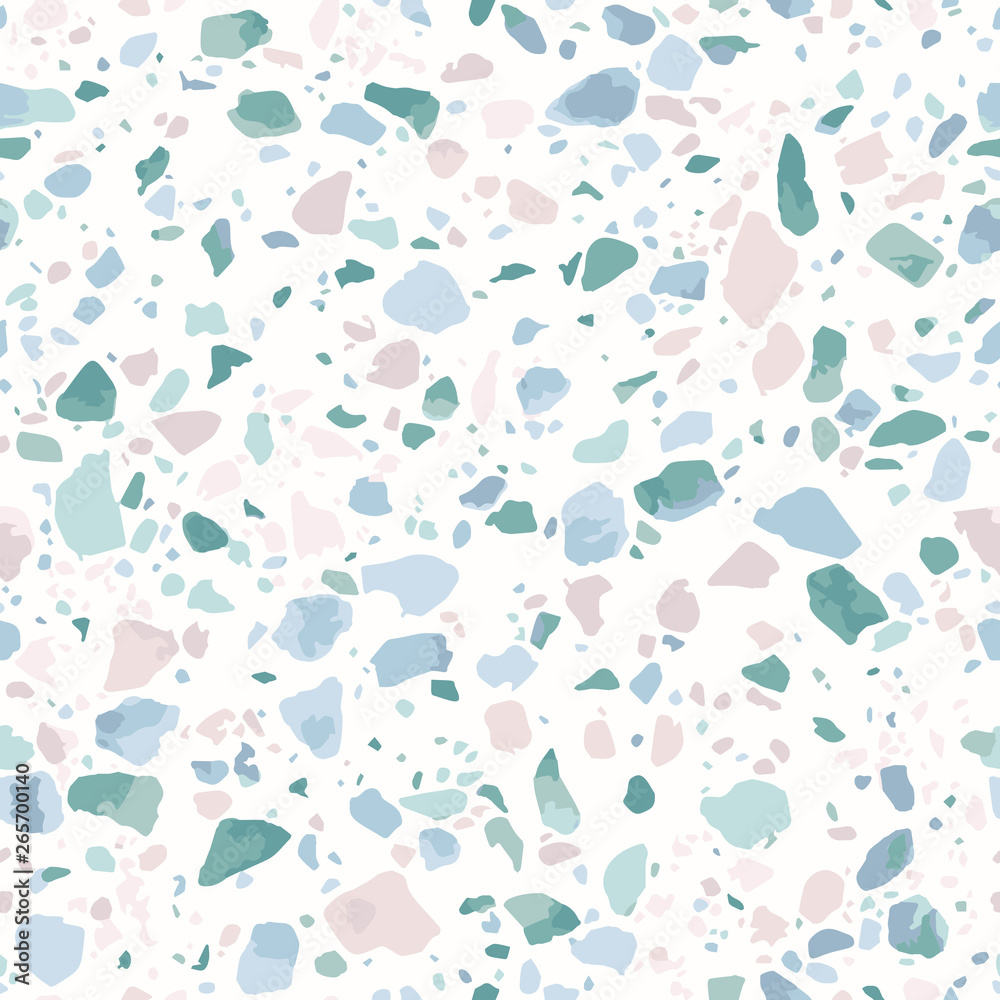 Terrazzo flooring seamless pattern. Realistic vector texture of mosaic floor with natural stones, granite, marble, quartz, colorful glass, concrete. Trendy repeat design in pink, blue and green colors Terrazzo flooring seamless pattern. Realistic vector texture of mosaic floor with natural stones, granite, marble, quartz, colorful glass, concrete. Trendy repeat design in pink, blue and green colors