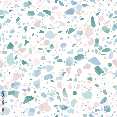 Terrazzo flooring seamless pattern. Realistic vector texture of mosaic floor with natural stones, granite, marble, quartz, colorful glass, concrete. Trendy repeat design in pink, blue and green colors