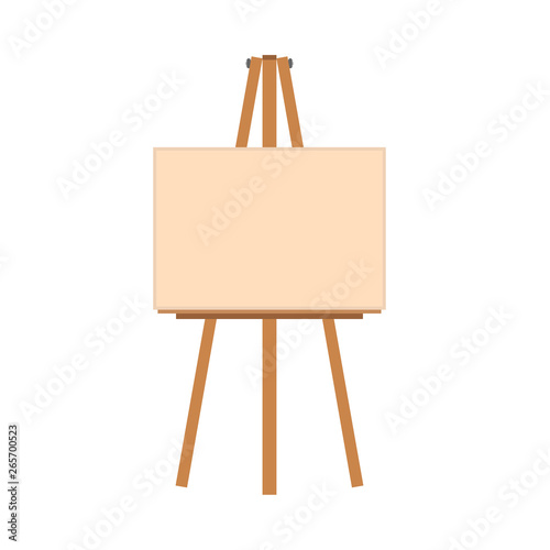 Easel art illustration vector flat icon. Artist canvas blank frame board. Paint stand wooden equipment tripod front view cartoon