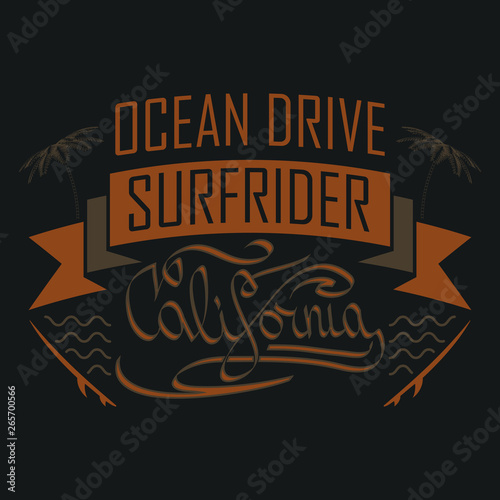 T-shirt Surf Rider. Ocean Drive.  Summer theme. California. Emblem and print for printing on T-shirts  posters  stickers  cards  etc. Vector image.