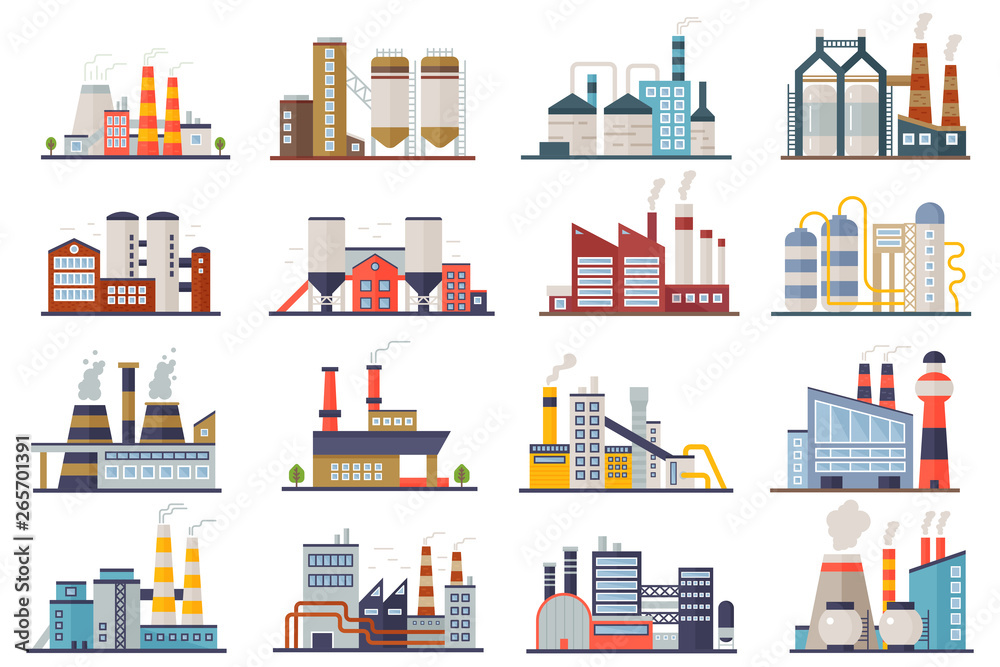 Factory industry manufactory power electricity buildings flat icons set isolated. Urban factory plant landscape vector illustration.
